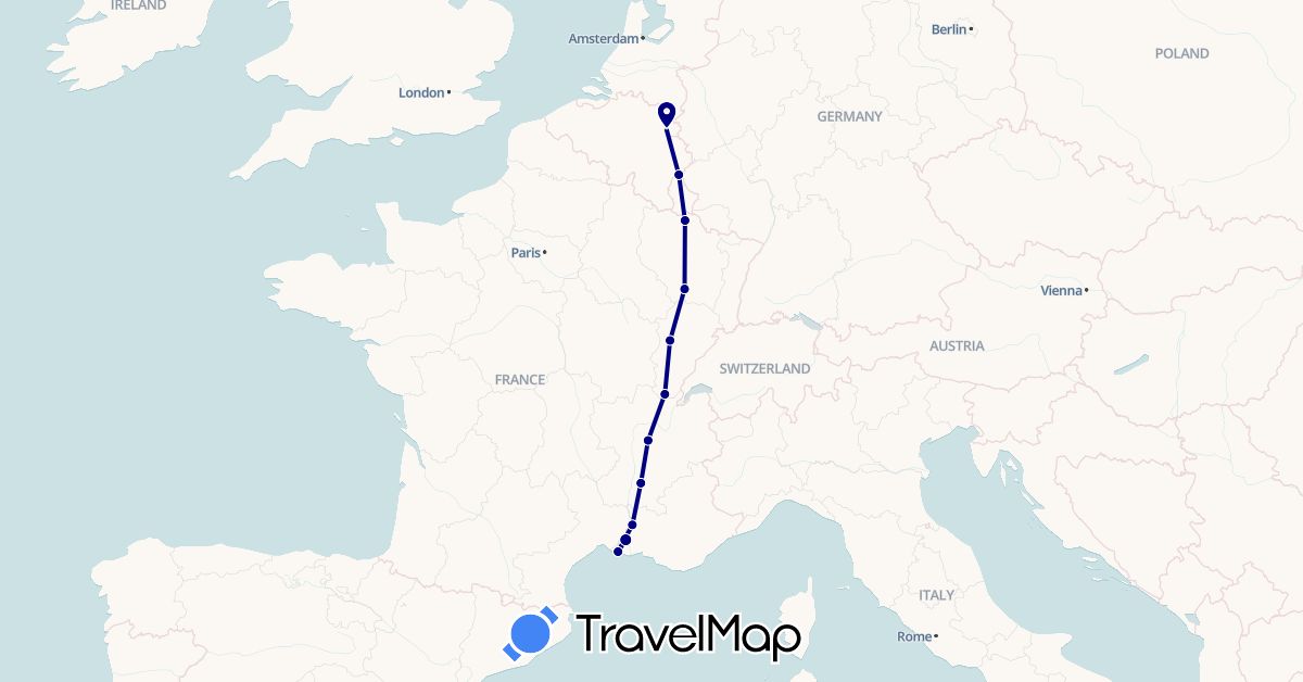 TravelMap itinerary: driving in France, Luxembourg, Netherlands (Europe)